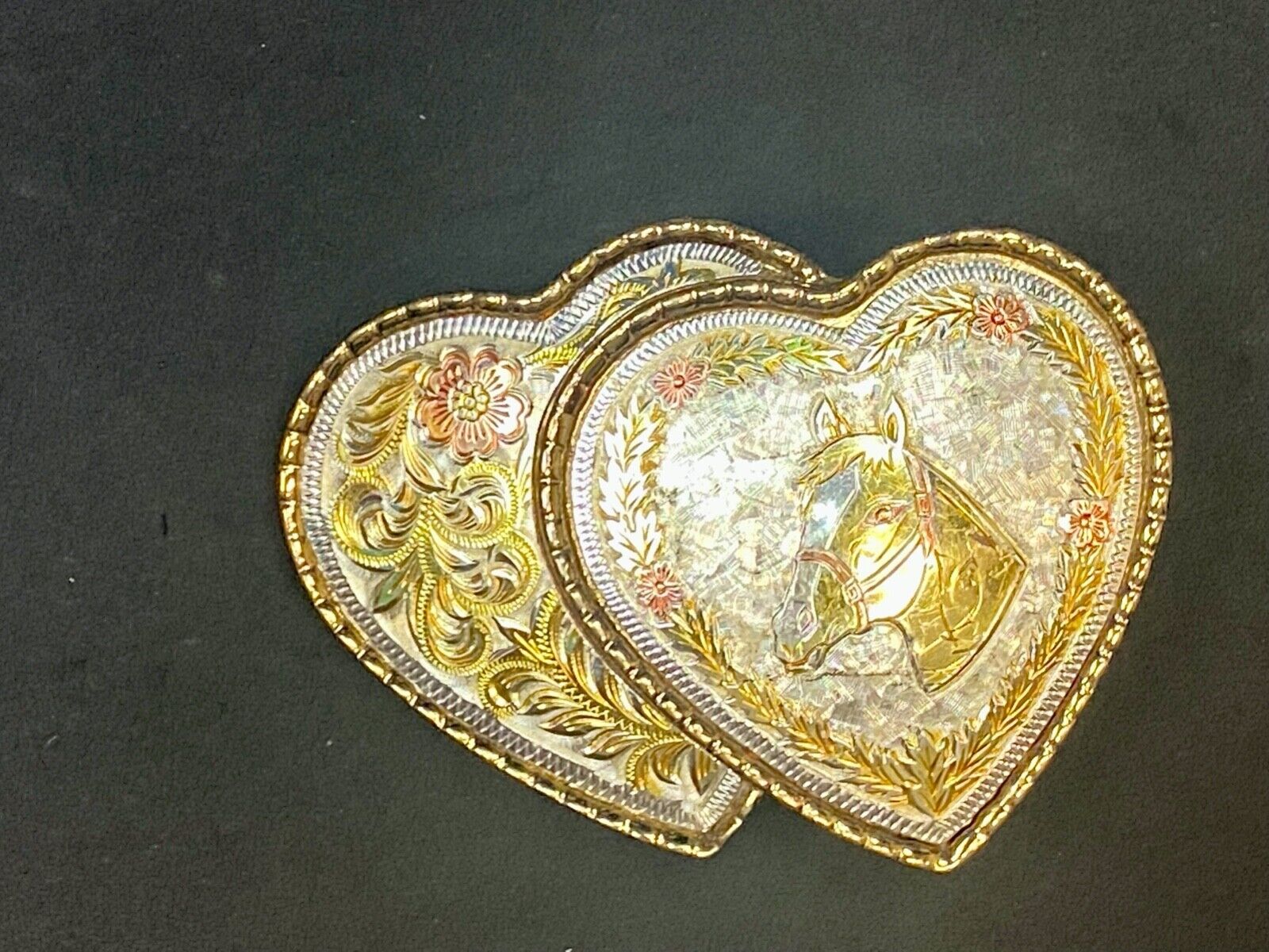 Two Hearts - Horse Head & Ornate Flower Swirl Cut Out Etched Belt Buckle - W