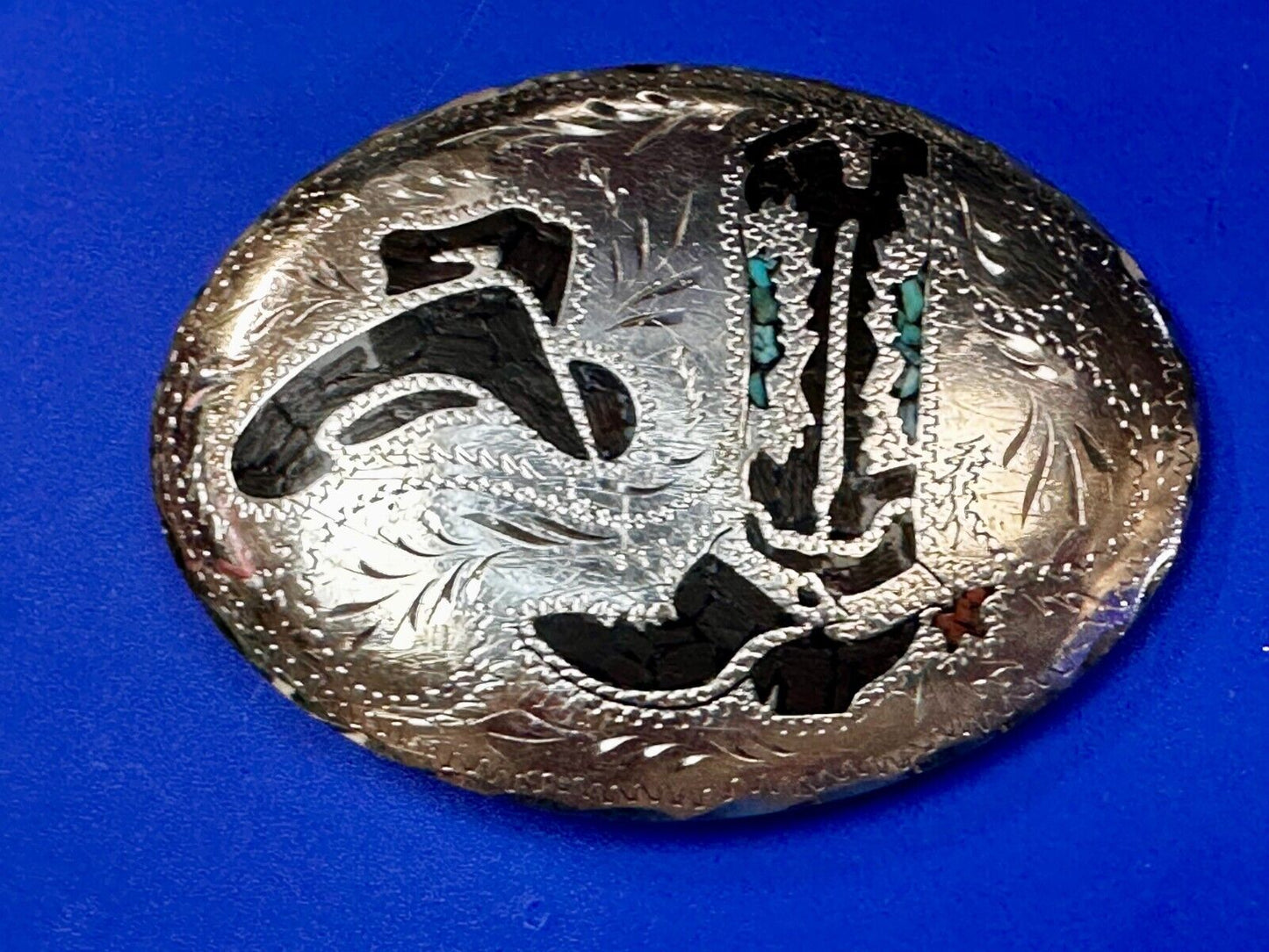 Turquoise & Coral Inlay Western Cowboy Hat Boots Large Native? Art Belt Buckle
