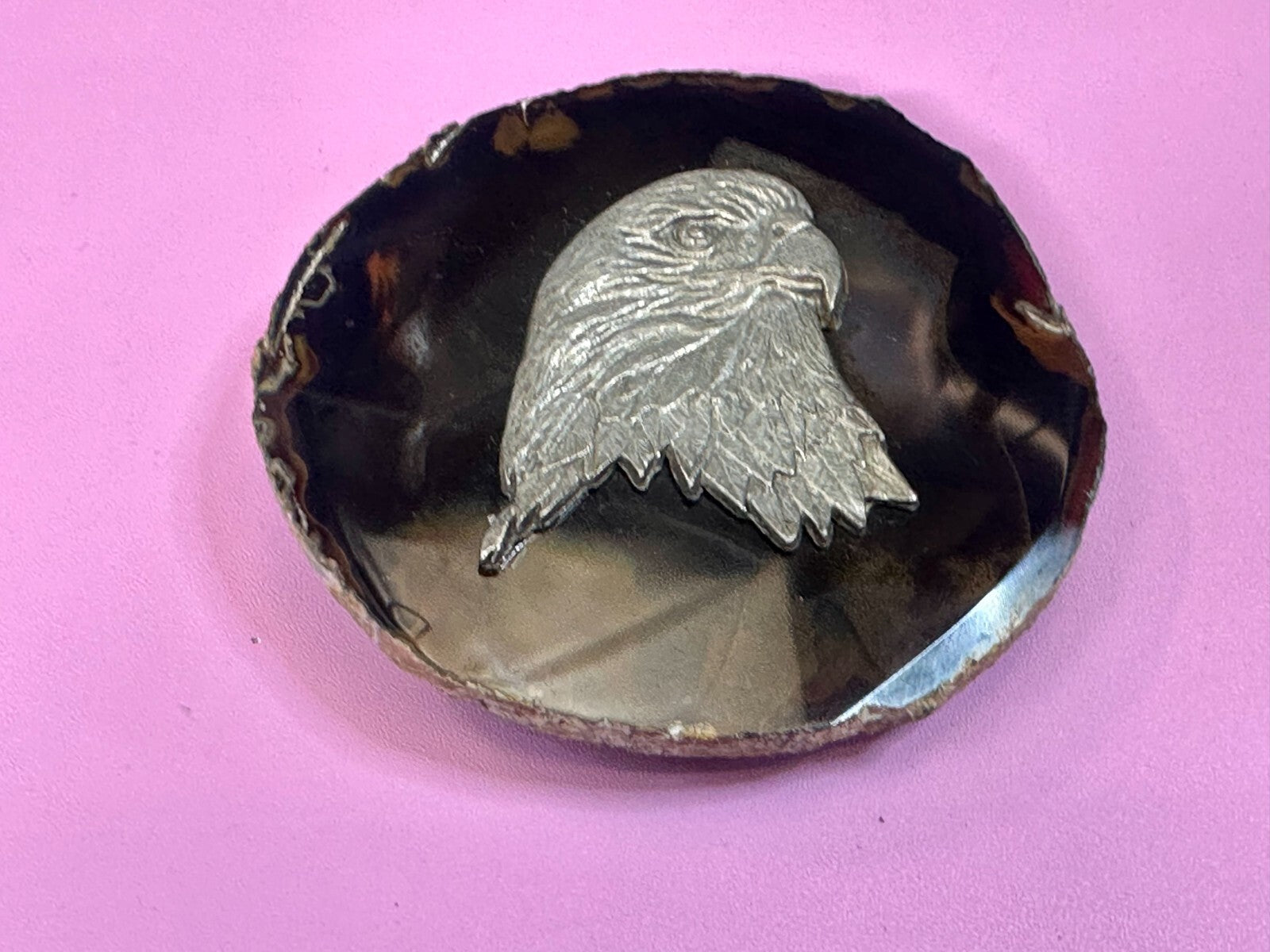 American Bald Eagle Head Carved Metal on Natural Stone Vintage Belt Buckle