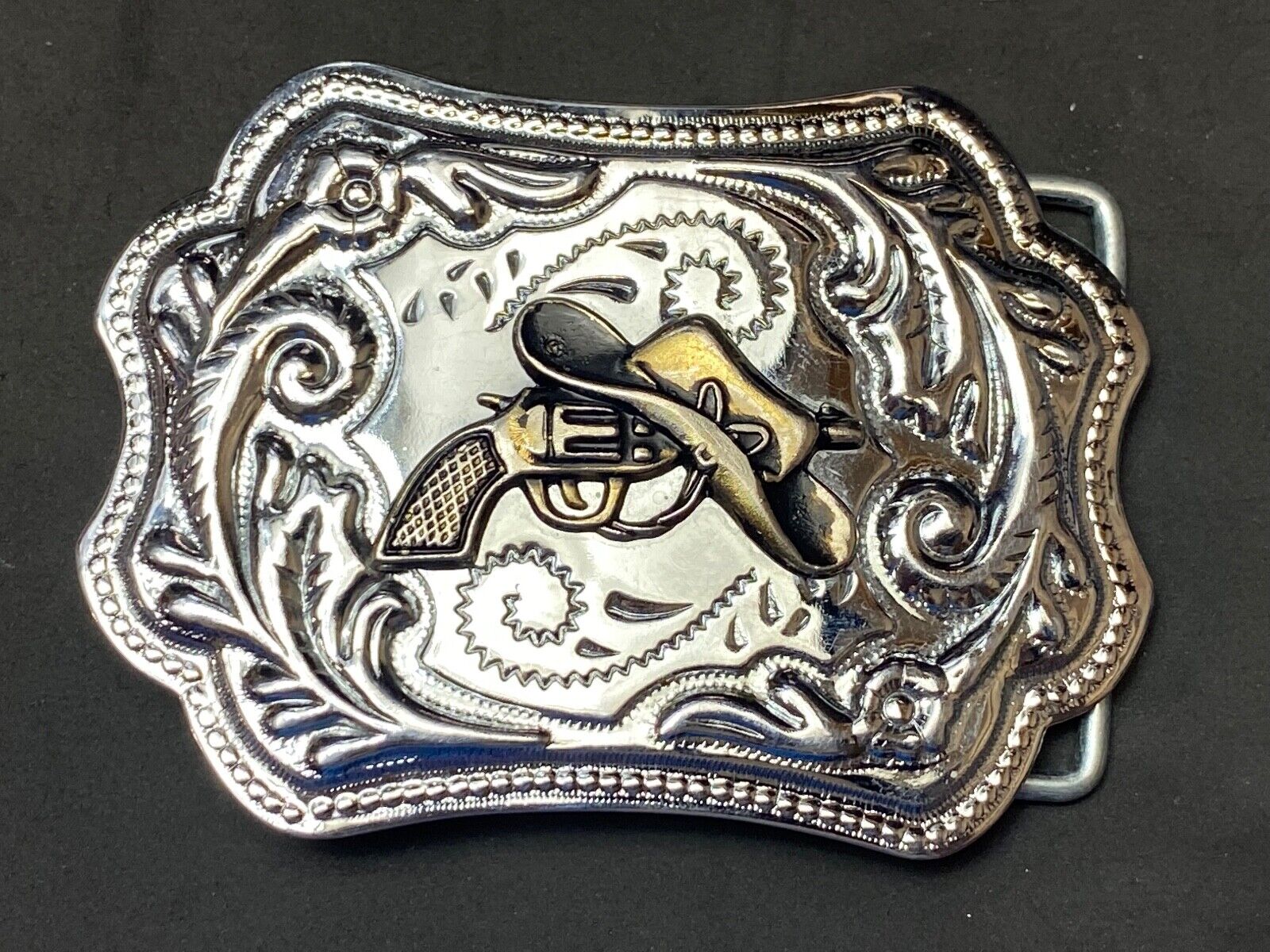 Vintage Cowboy Hat & Revolver Pistol Western Belt Buckle Cap Gun Buckle