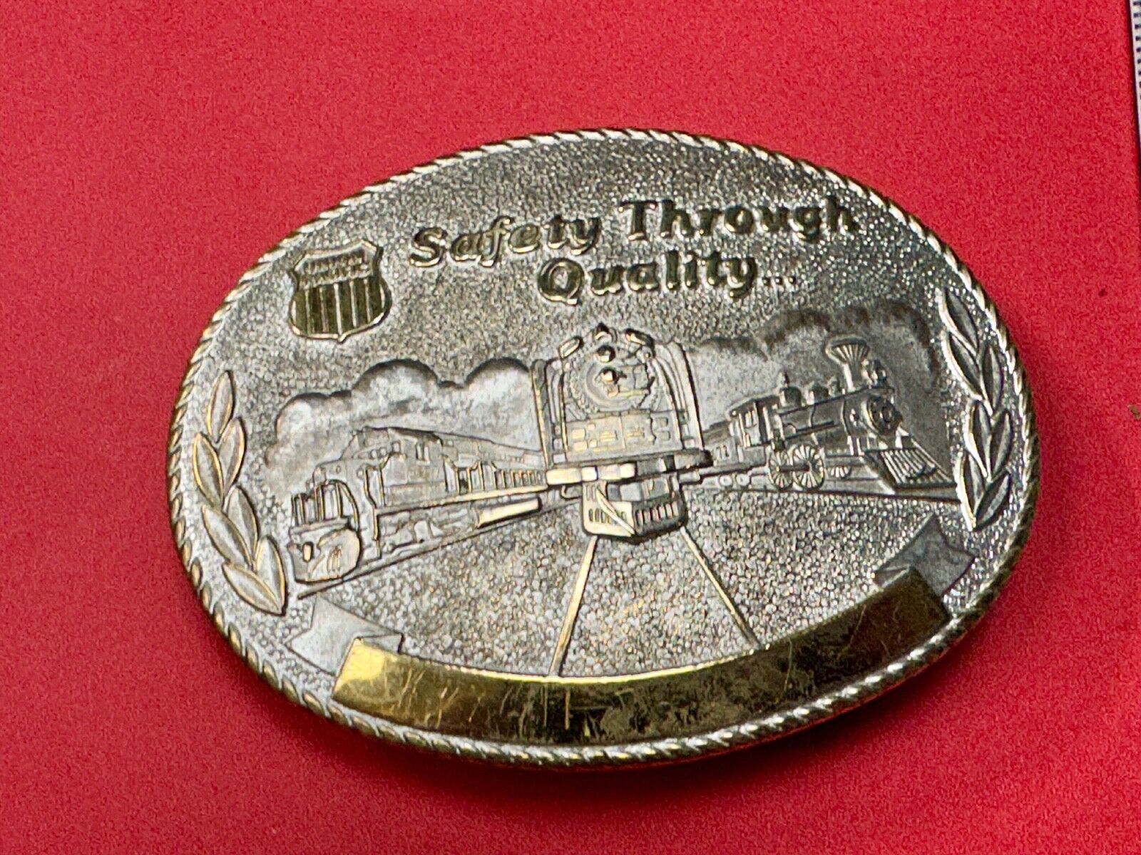 Union Pacific Rail Road SAFETY THROUGH QUALITY Train Engine STOTTS belt buckle