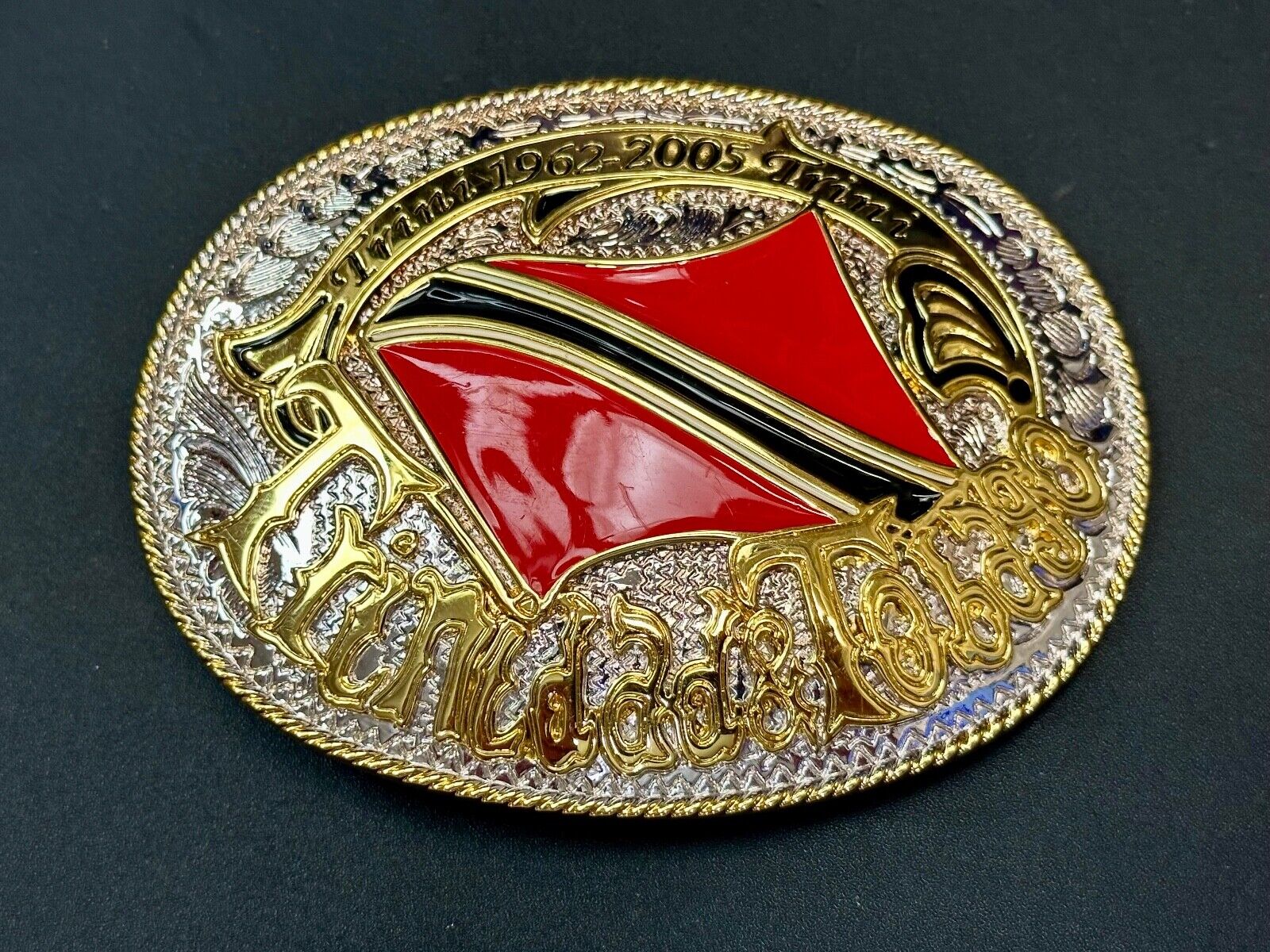 Trinidad & Tobago Flag Caribbean Country Gold Silver Red Patriotic Belt Buckle