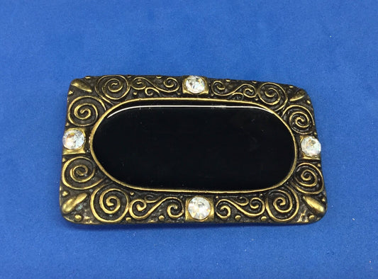 3.5".  Designer / western / dress / Black and brass tone rhinestone belt buckle