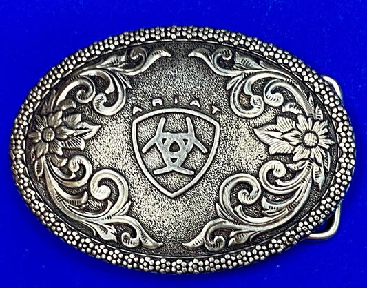 Ariat Western Oval Silver Tone Belt Buckle With Filigree Shield & Berry Edge