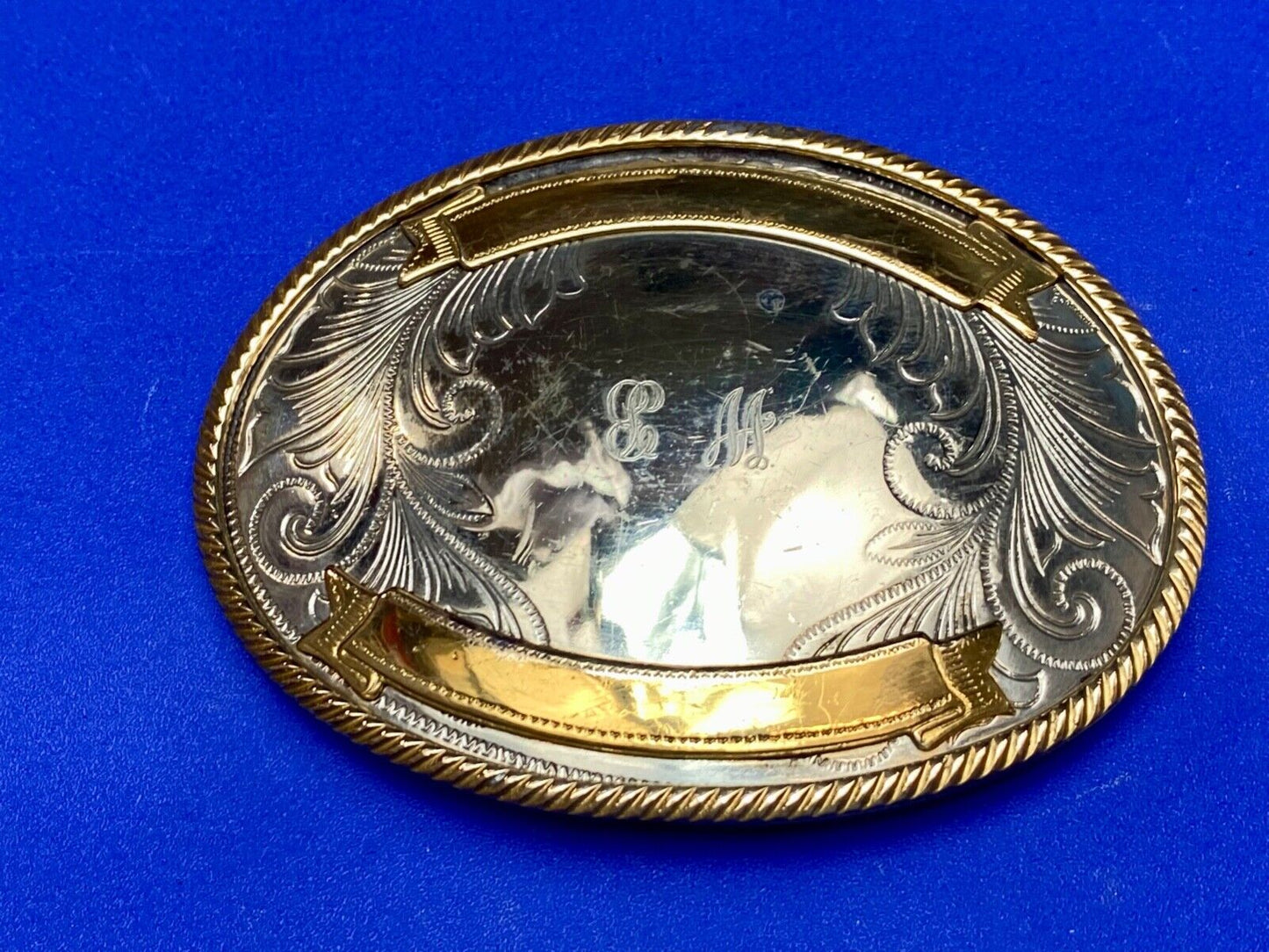 Vintage German Silver two tone rodeo award trophy style engraved belt buckle