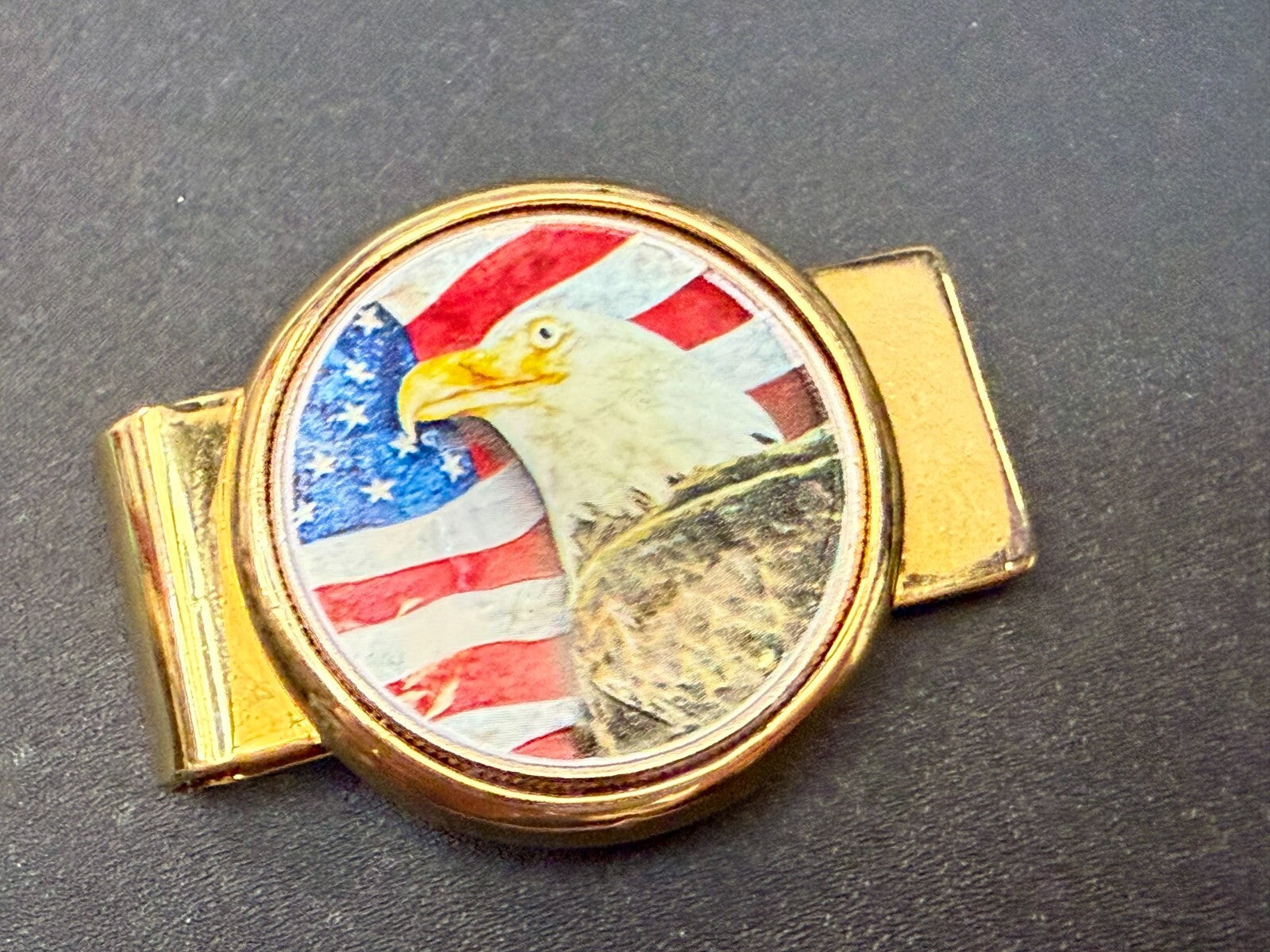 United States American Flag Patriotic Bald Eagle Gold Tone Vintage Money Clip