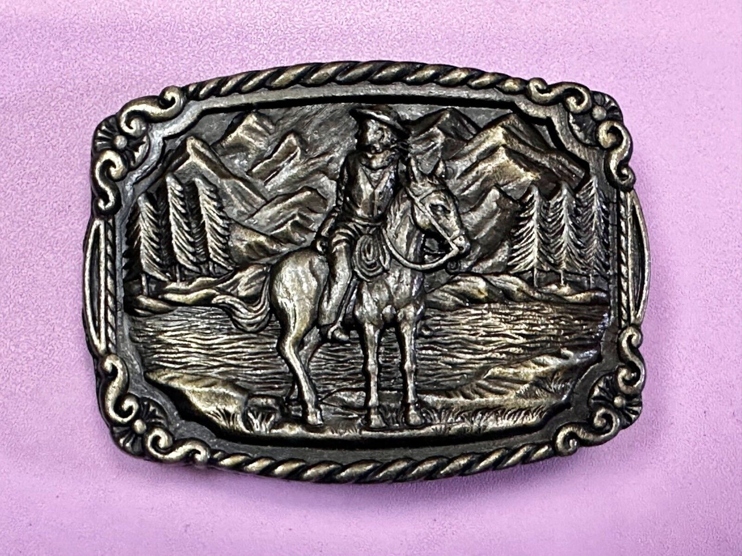 Tall In The Saddle Western Cowboy Leading Wagon Train Vintage ART Belt Buckle