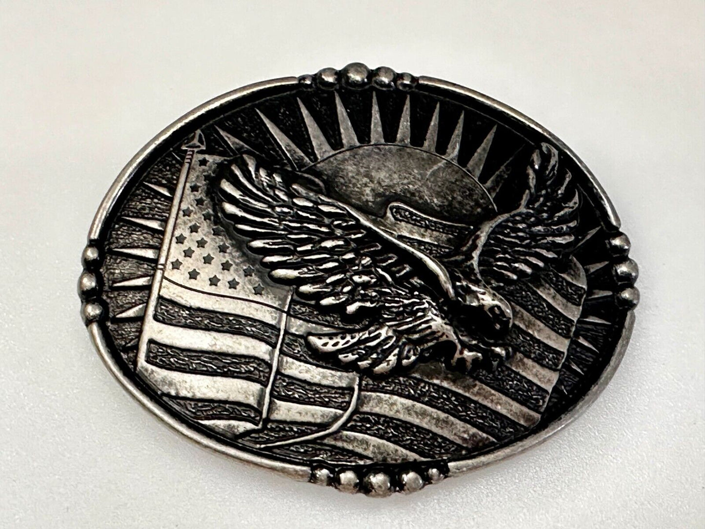 American Flying Eagle Flag Stars Stripe Sun Silver Color Patriotic Belt Buckle