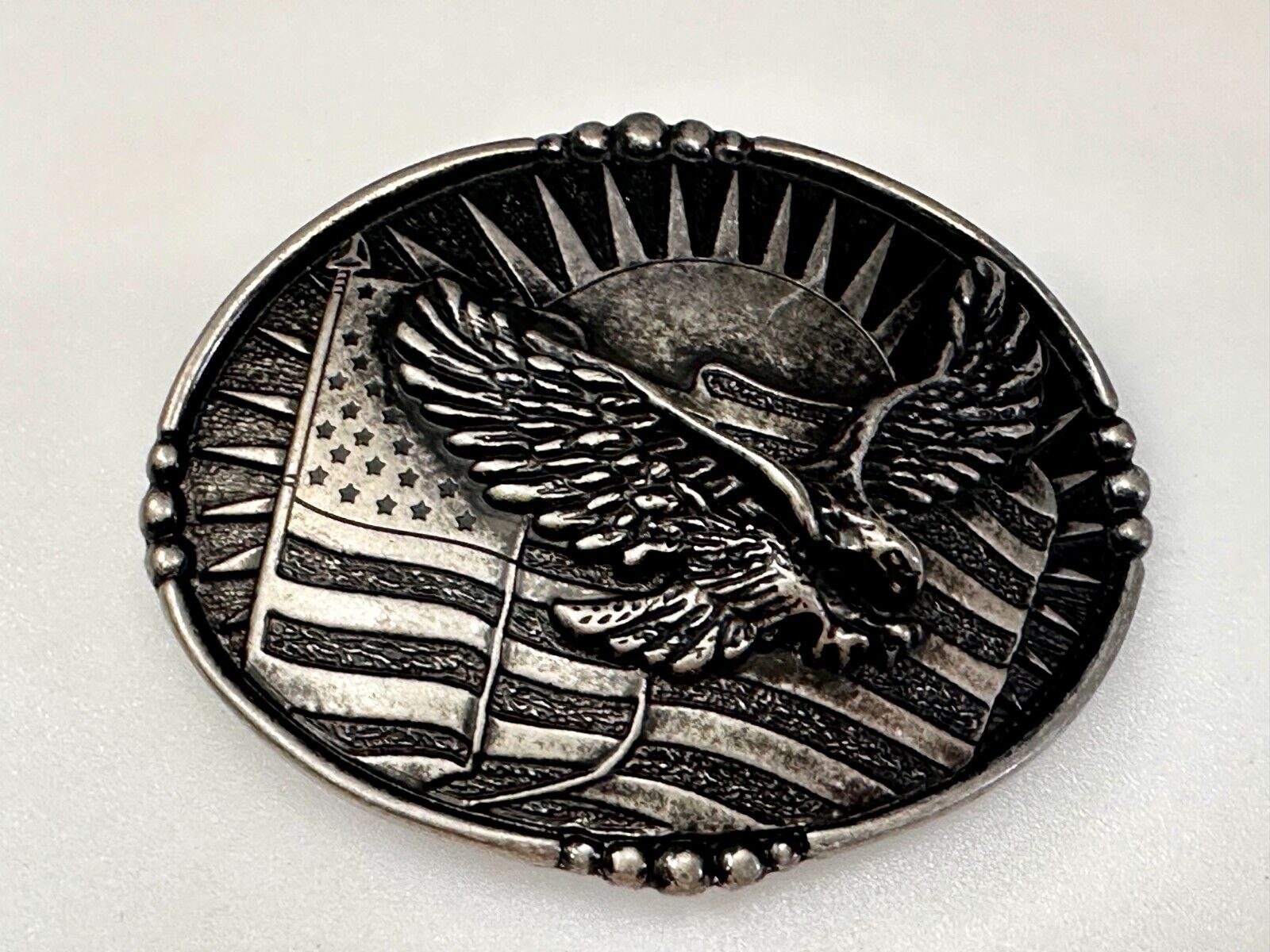 American Flying Eagle Flag Stars Stripe Sun Silver Color Patriotic Belt Buckle