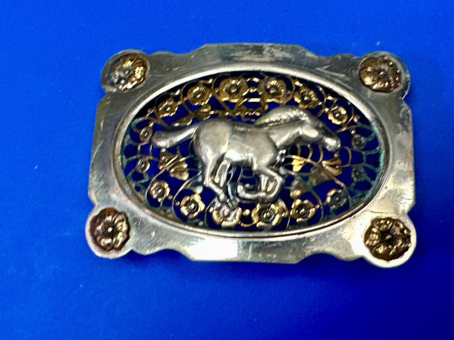 Unique Running Horse in ornate cutout see through vintage two tone belt buckle