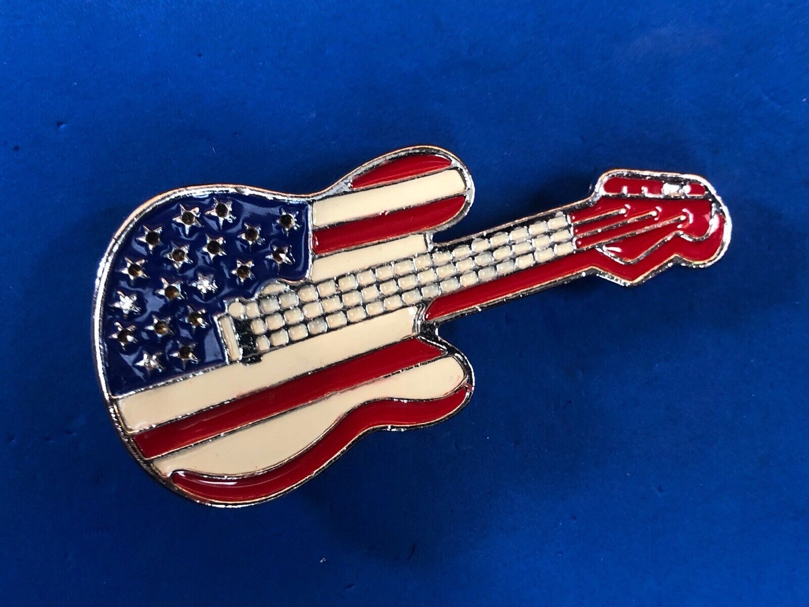American USA flag colors on figural cut out guitar belt buckle  Rock & Roll! 