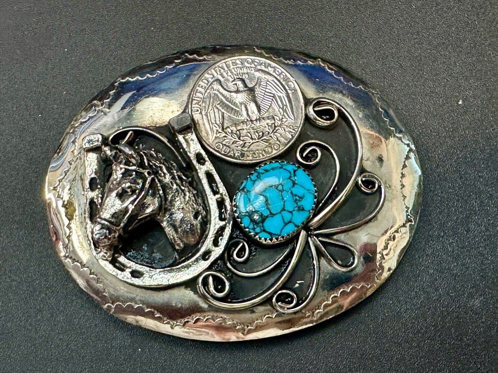 Turquoise Stone Horse Head & Shoe, Quarter Coin Southwestern belt buckle