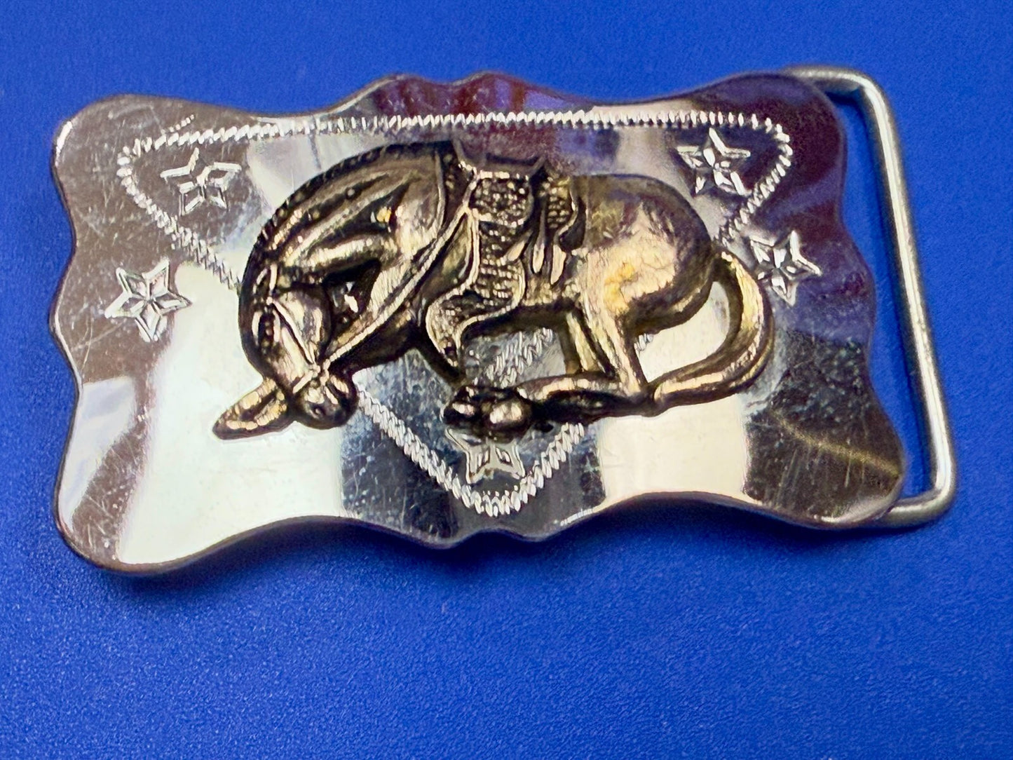 Vintage Horse Head Down End Of The Trail Reflective Two Tone Western Belt Buckle