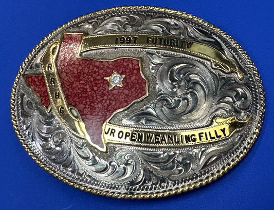 TEXAS Inlaid Coral Chip  JR Open Weanling Filly 1997 Futurity Trophy belt buckle