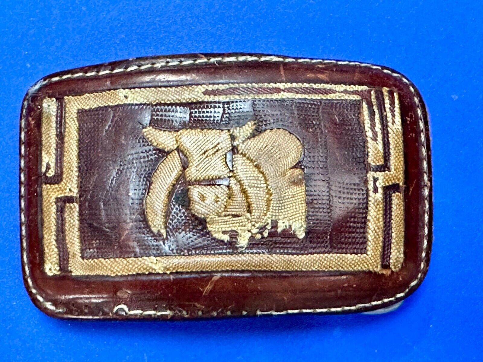 Unique Calf? Cow? Goat? Vintage brown leather stitched Belt Buckle