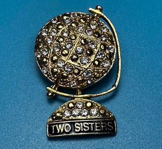 Two Sisters - Globe Covered with Rhinestone's Vintage Gold Tone Brooch Pin