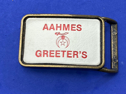 Aahmes Greeters Shriners, or Shrine Masons Club logo - white leather belt buckle
