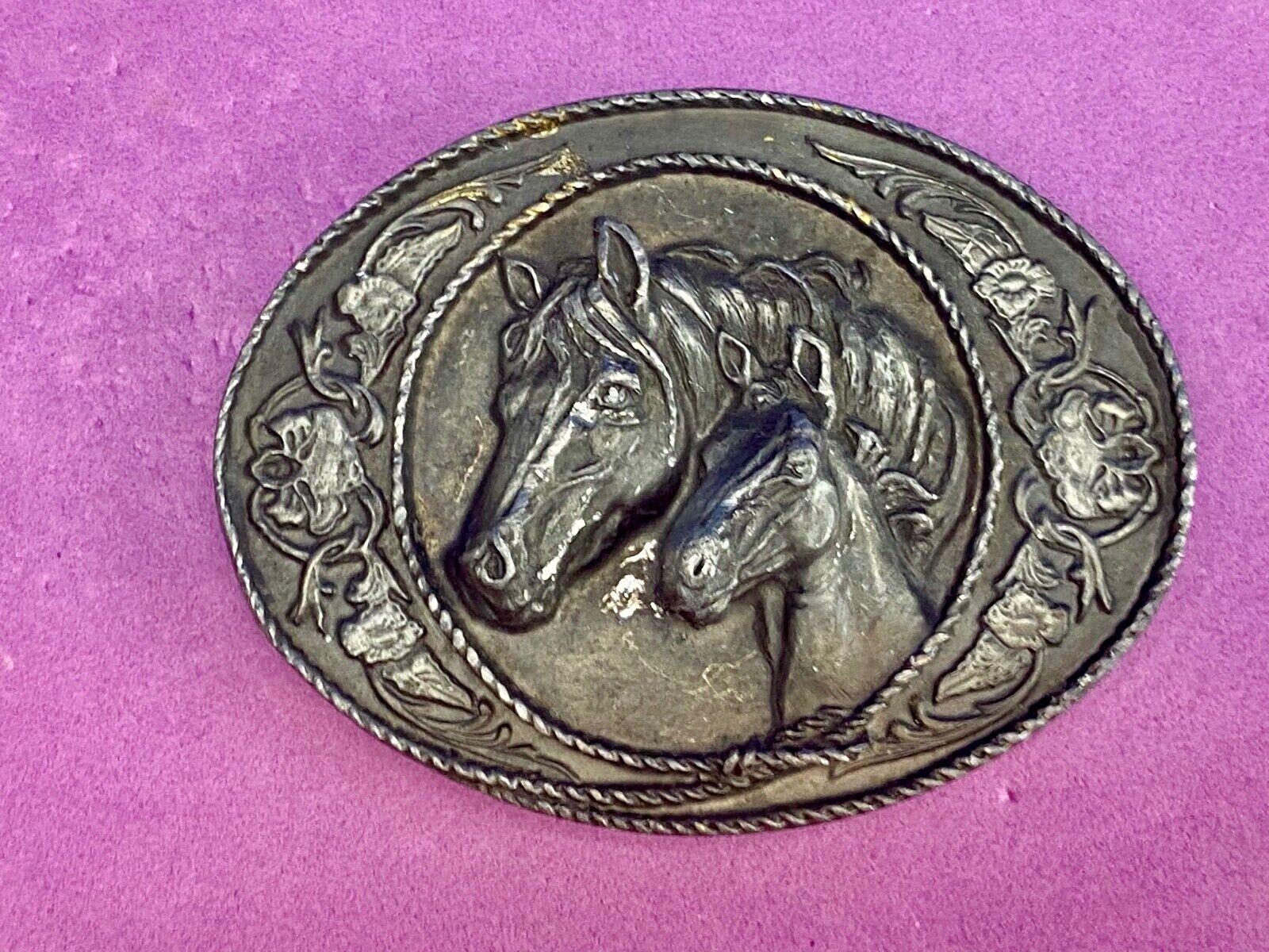 Two Horse Heads  Dark Silver Metal Western Belt Buckle - unknown makers mark