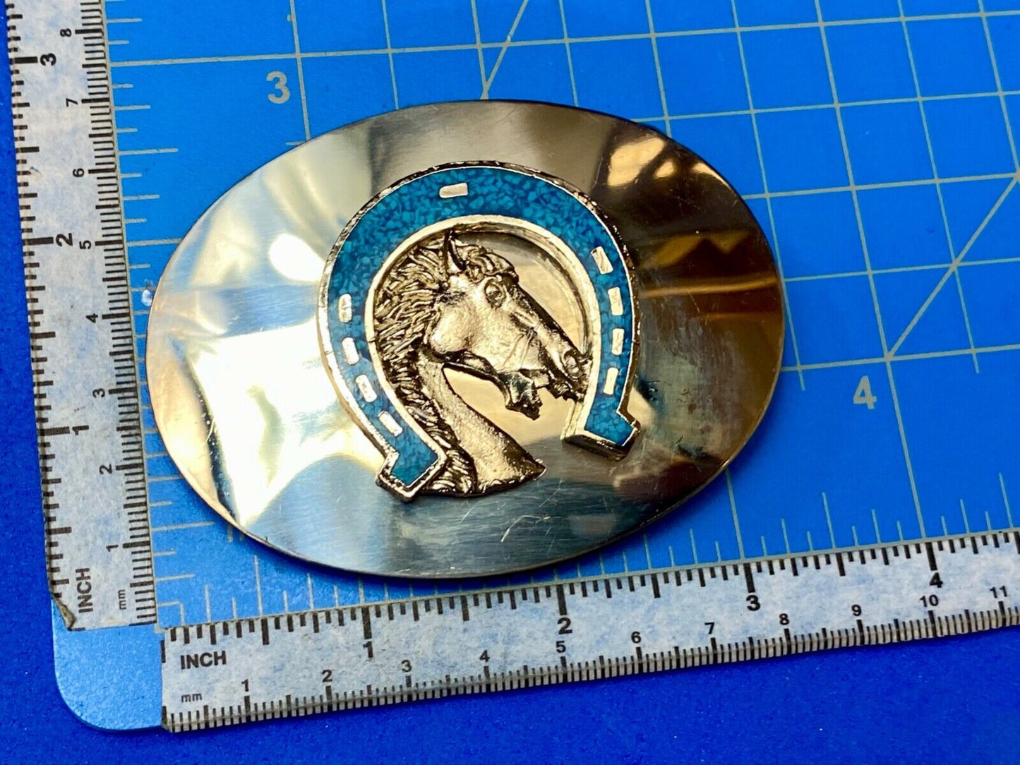 Vintage Horse head in Turquoise chip inlaid Horseshoe reflective belt buckle