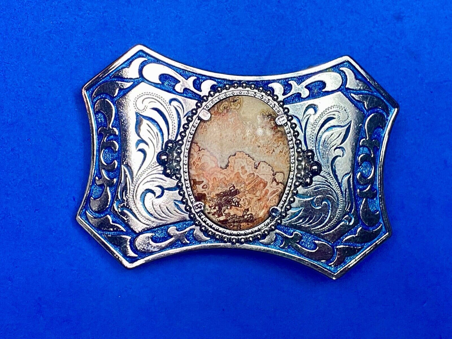 Unique Oval Cabochon Stone Centerpiece On Silver & Blue Color Belt Buckle
