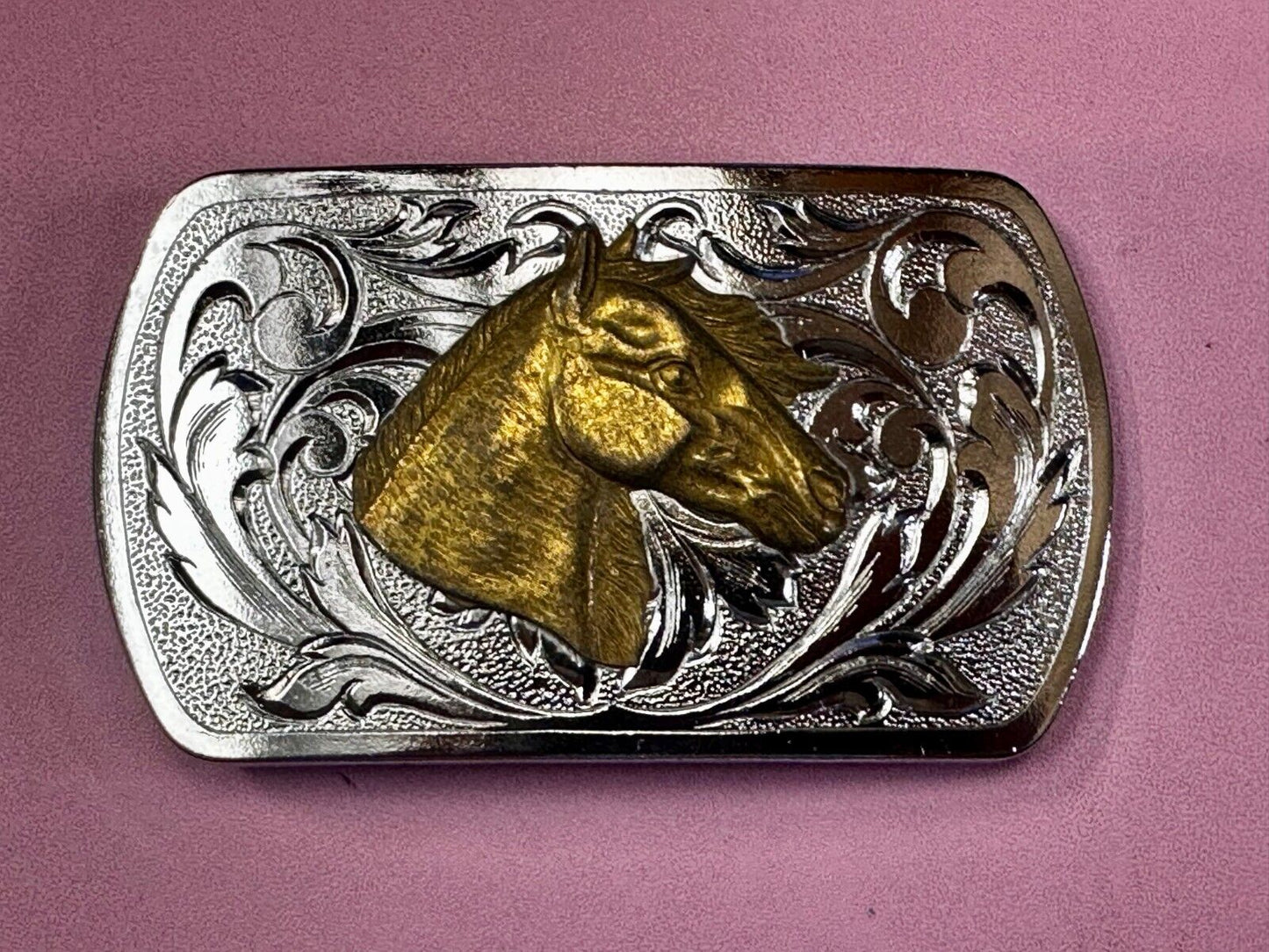 Two Tone Horse Head Vintage Western Flower Swirl Design Belt Buckle