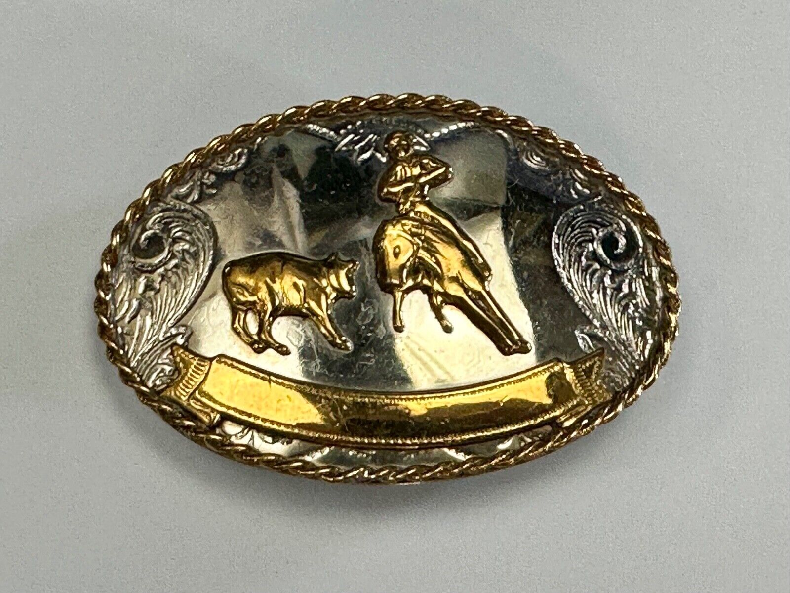 Vintage German Silver Rodeo Cowboy With Blank Award Trophy Ribbon belt buckle