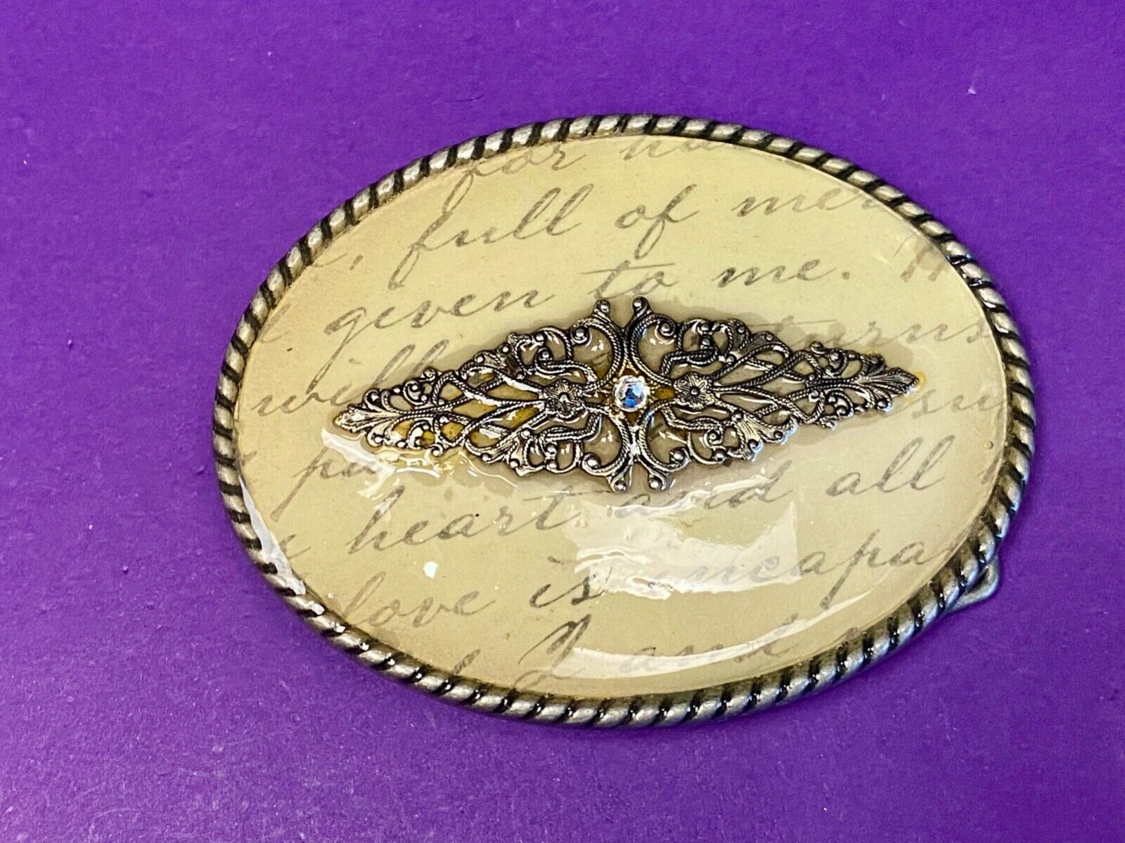 Vintage Ivan Oval Words Poem Belt Buckle With Gold Tone Centerpiece Belt Buckle