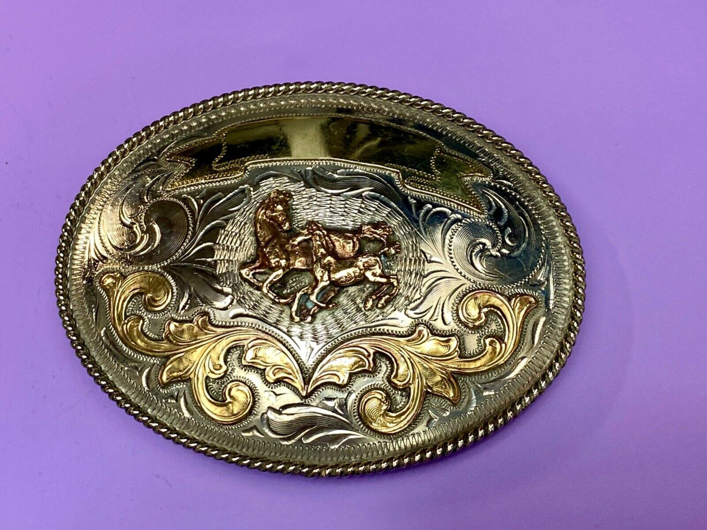 5" wide! Alpaca Mexico stamped wild mustangs horses running wild belt buckle