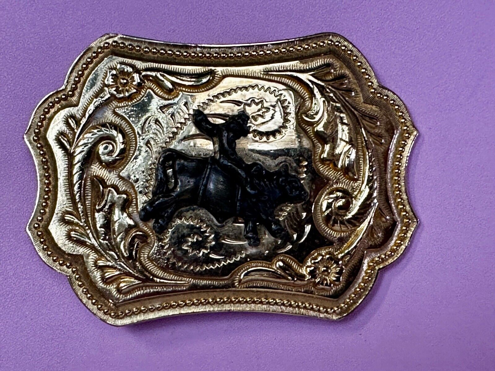 Vintage Cowboy Saddle Bronc western two tone flower swirl belt buckle