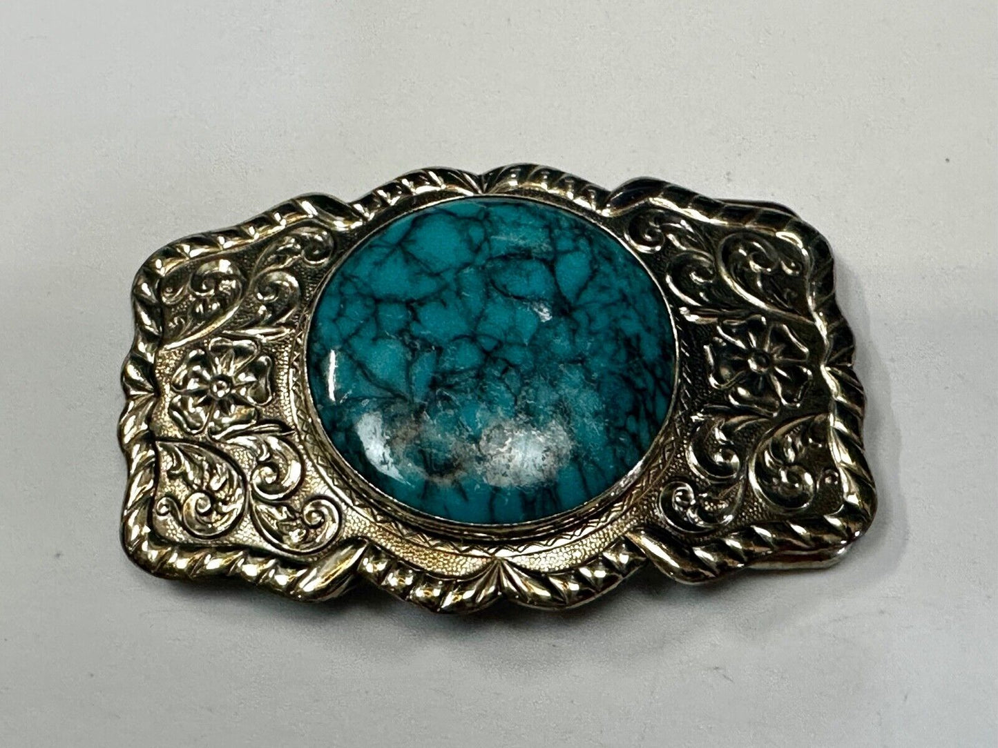 1960s Bell Trading Post Nickel Silver W/ Round Simulated Turquoise Belt Buckle