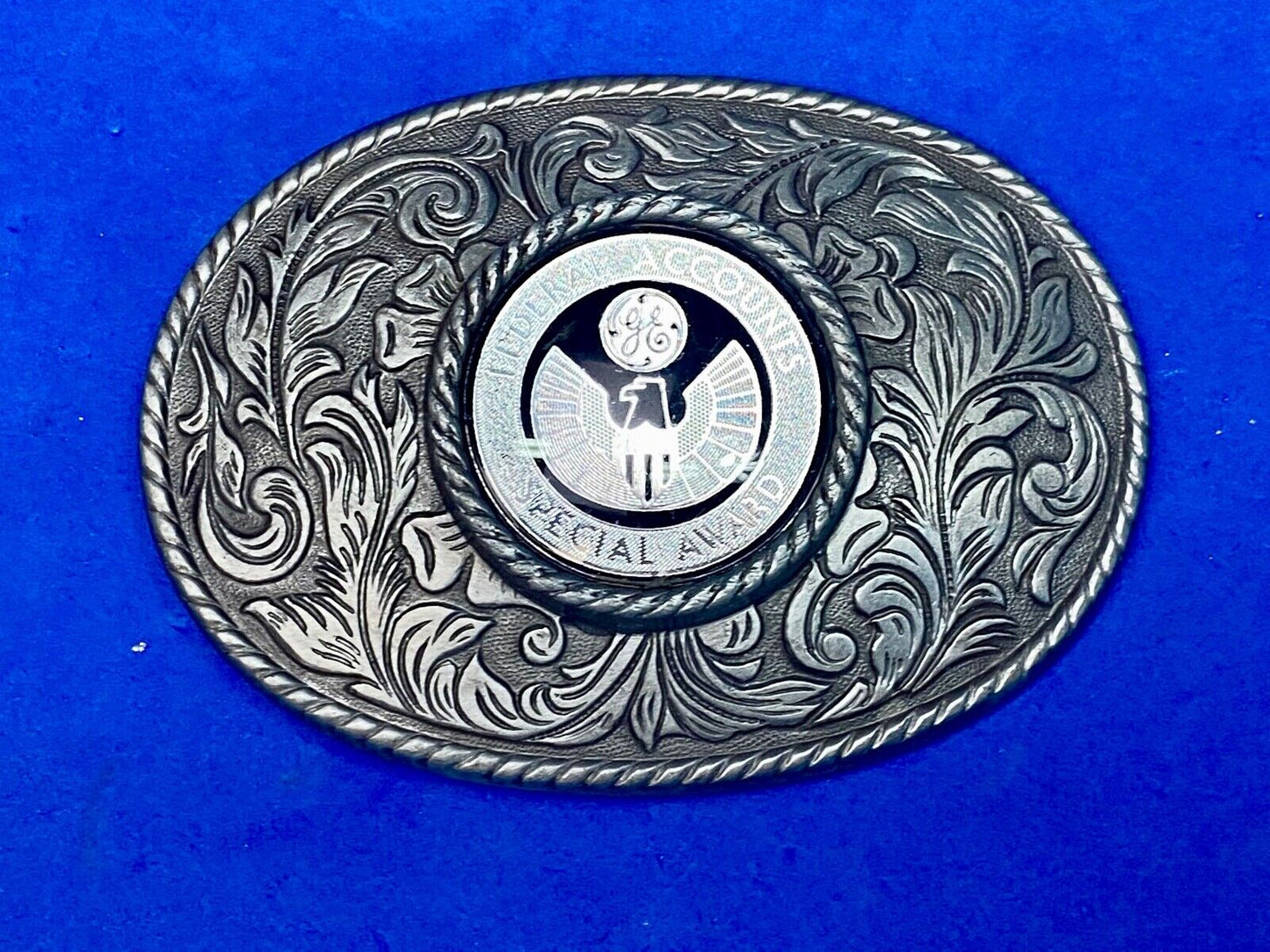 Vintage Ge Federal Accounts Special Award Centerpiece Western Ornate Belt Buckle