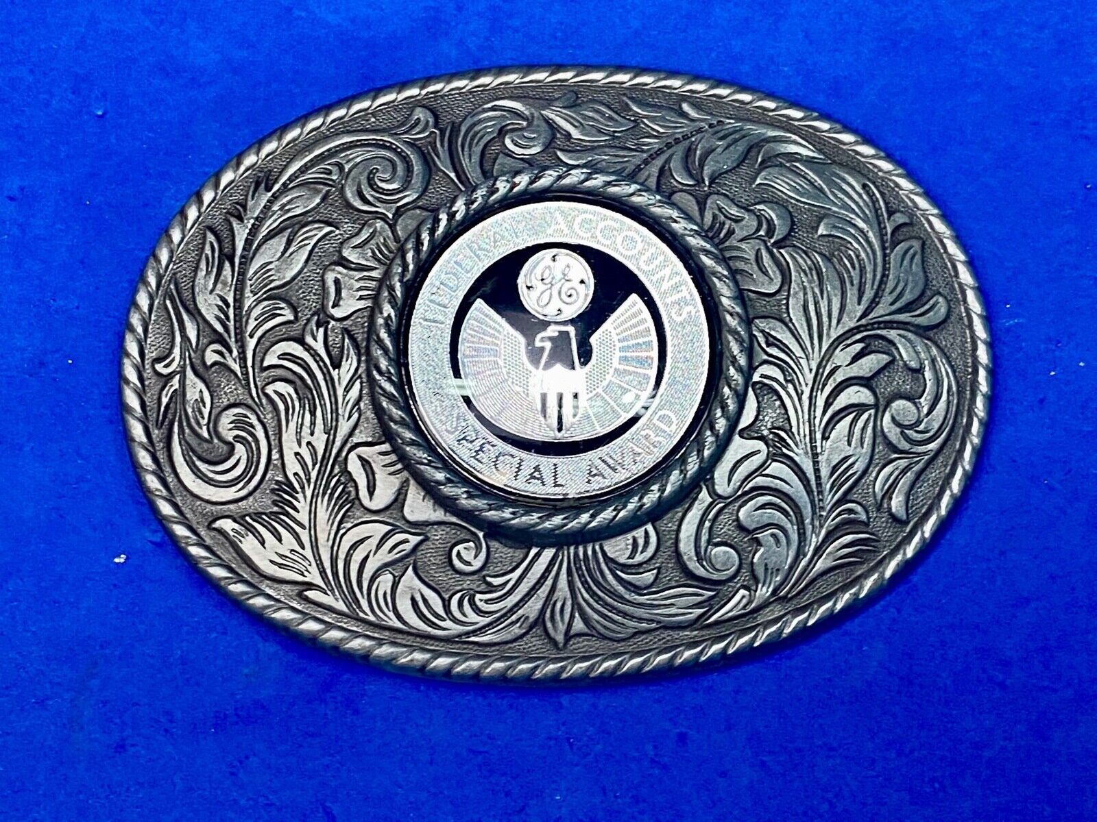 Vintage Ge Federal Accounts Special Award Centerpiece Western Ornate Belt Buckle