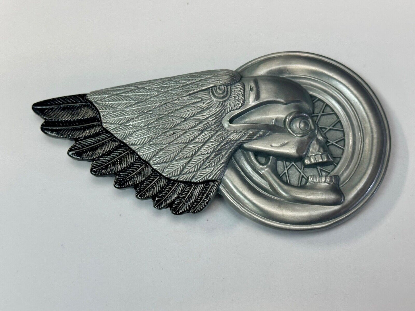 Bikers Skull with Eagle Wing and Motorcycle Wheel figural belt buckle