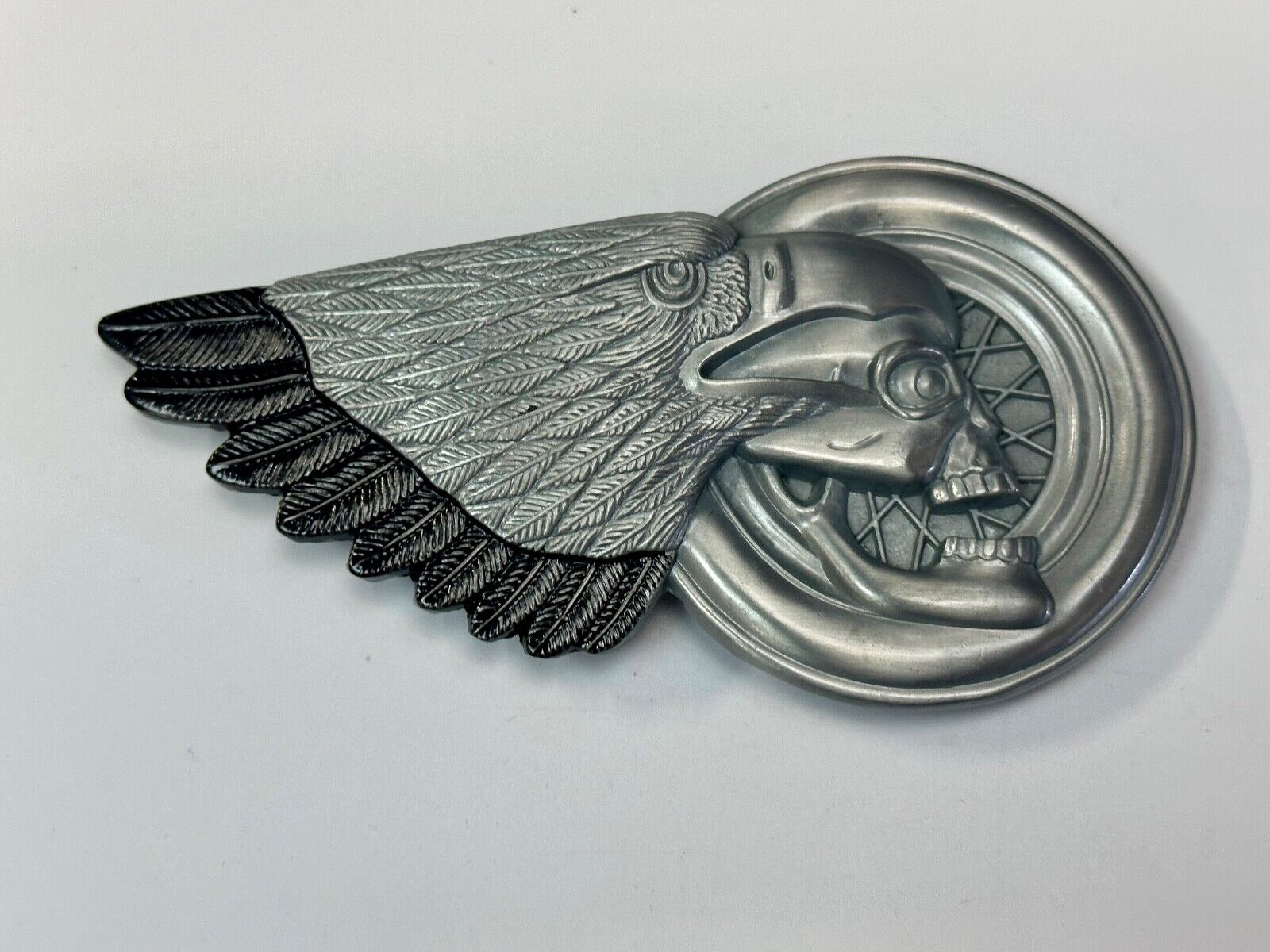 Bikers Skull with Eagle Wing and Motorcycle Wheel figural belt buckle