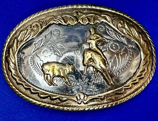 Beautiful Cowboy Ropeing Scene Vintage German Silver Belt Buckle - Awesome Detai