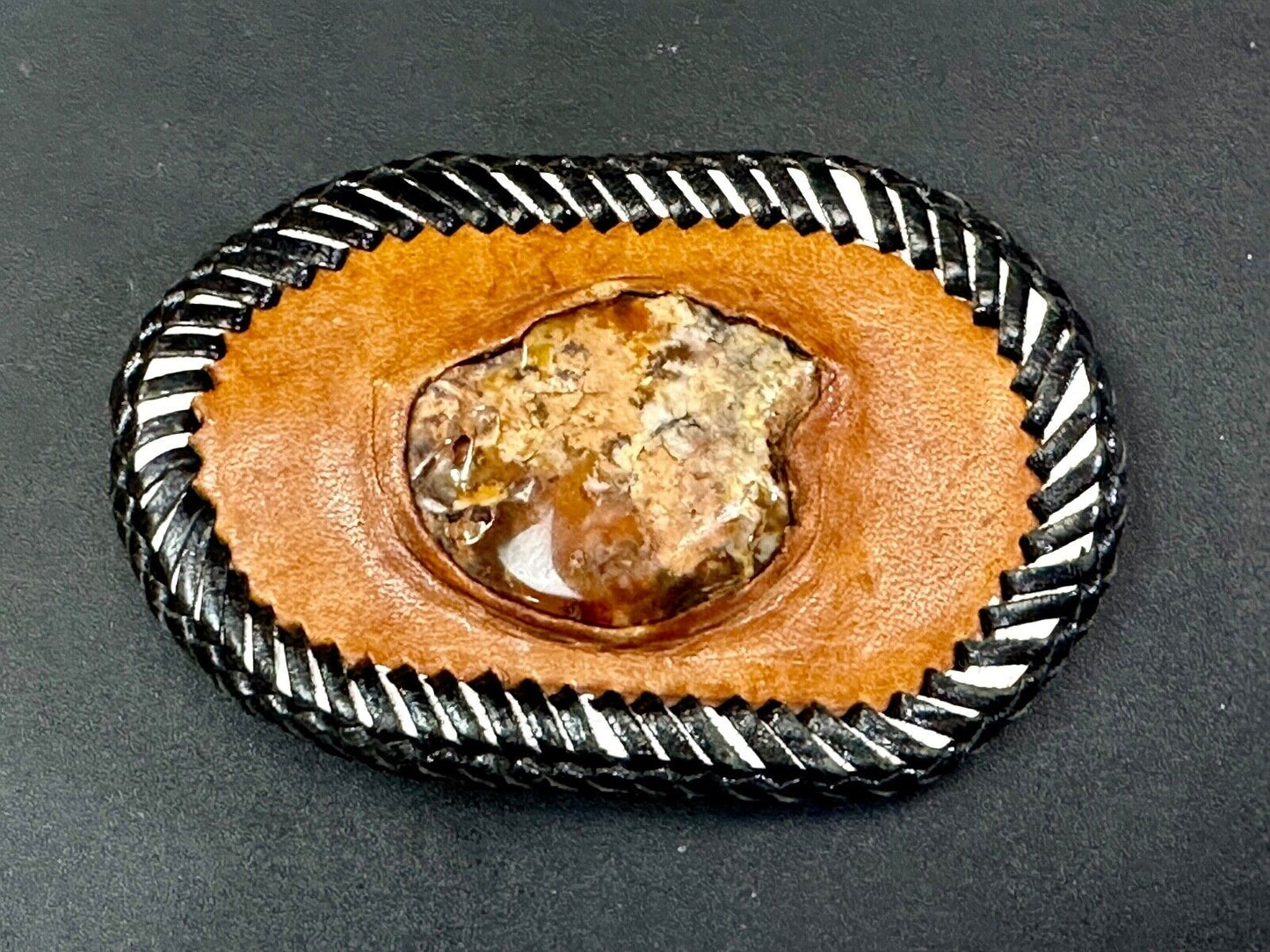 Vintage leather & stone? hand stitched belt buckle