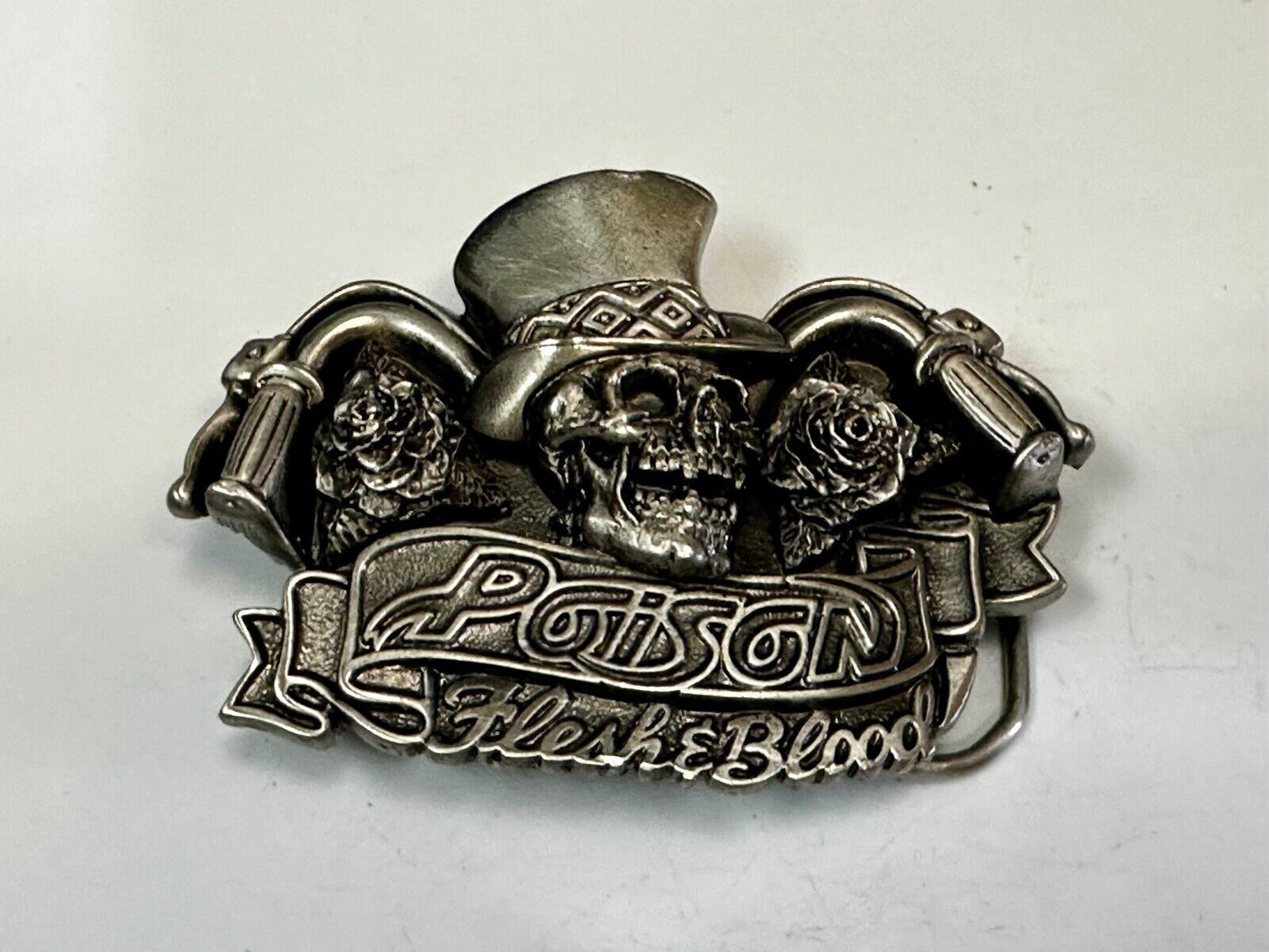 80's Poison Rock Band Skull in Top hat Rose Flesh & Blood Album 1992 Belt Buckle