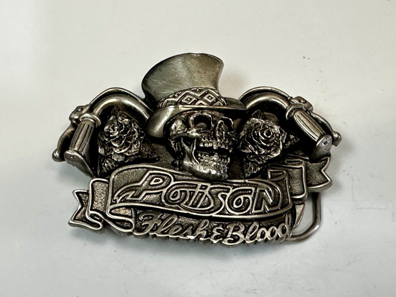80's Poison Rock Band Skull in Top hat Rose Flesh & Blood Album 1992 Belt Buckle