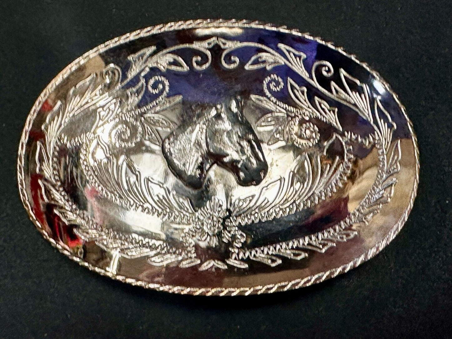 Vintage Horse Head Rodeo Flower Swirl Silver Tone Belt Buckle