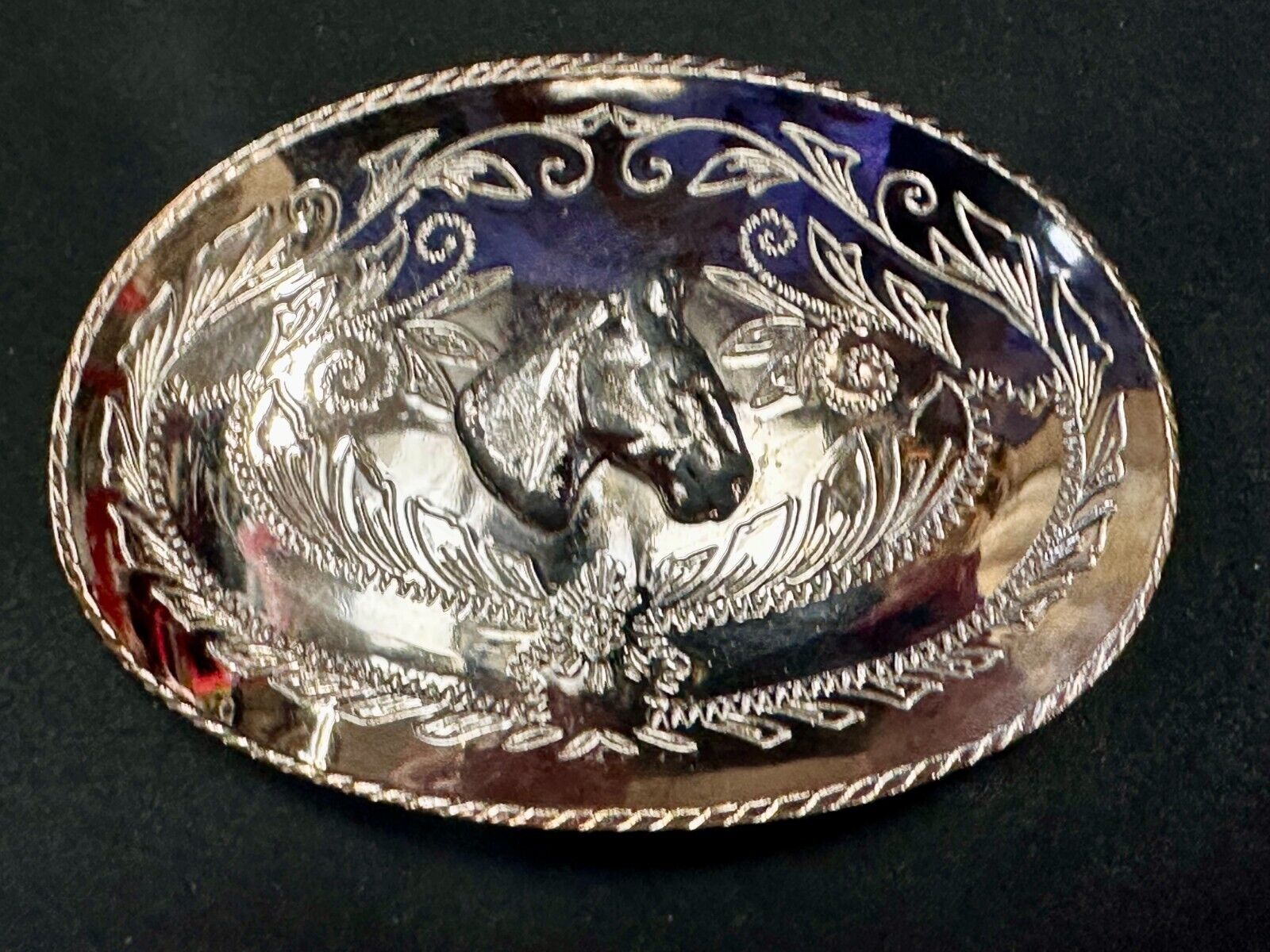Vintage Horse Head Rodeo Flower Swirl Silver Tone Belt Buckle