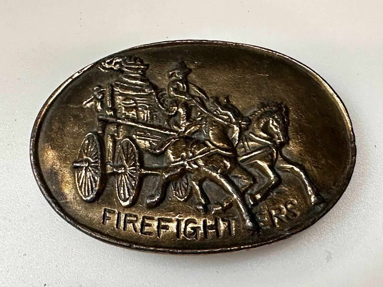 Antique Fire Fighters Fireman Horse Drawn Pumper Wagon Vintage Belt Buckle