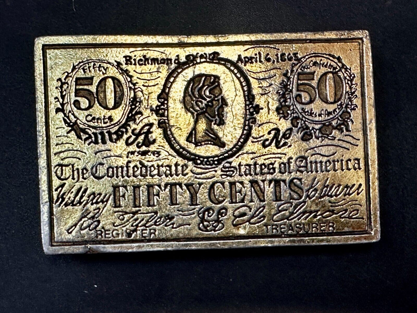 50 Cents Note 1863 Confederate States of America Belt Buckle by CDC Metal Works