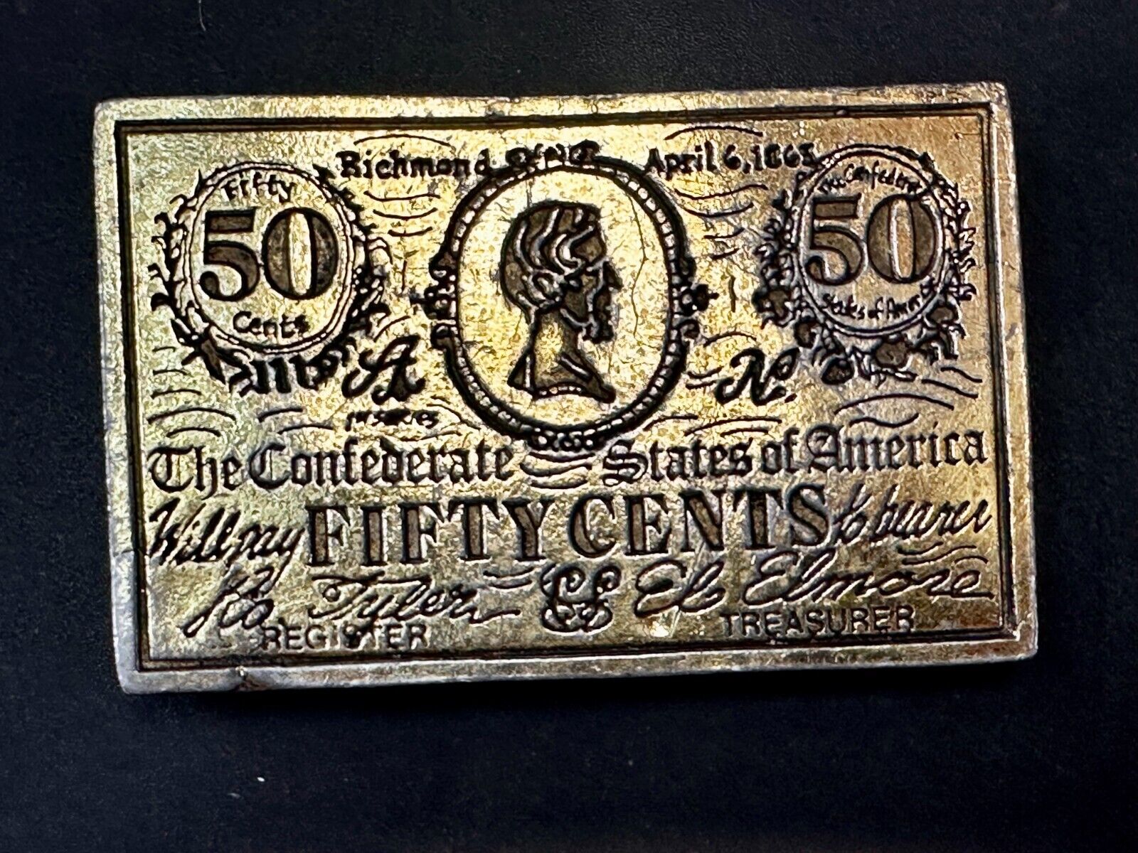 50 Cents Note 1863 Confederate States of America Belt Buckle by CDC Metal Works