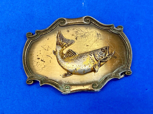 Vintage 1980 Rainbow Trout Belt Buckle 3-D Raintree Fish/Gold Tone W Scroll Edge
