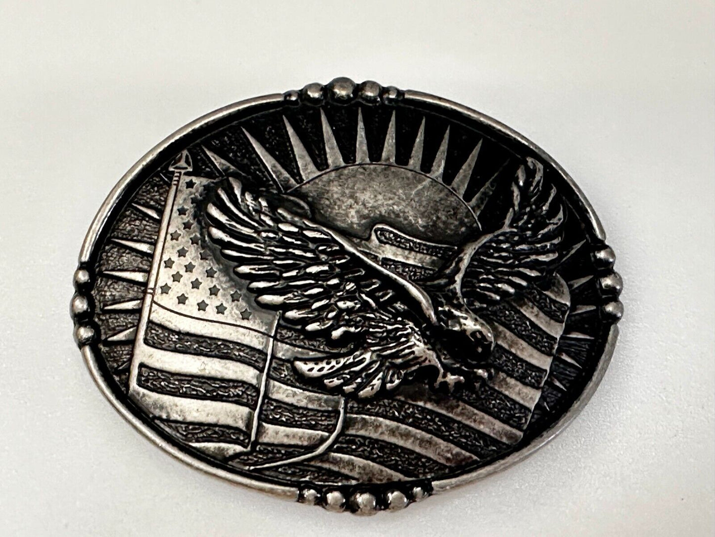 American Flying Eagle Flag Stars Stripe Sun Silver Color Patriotic Belt Buckle