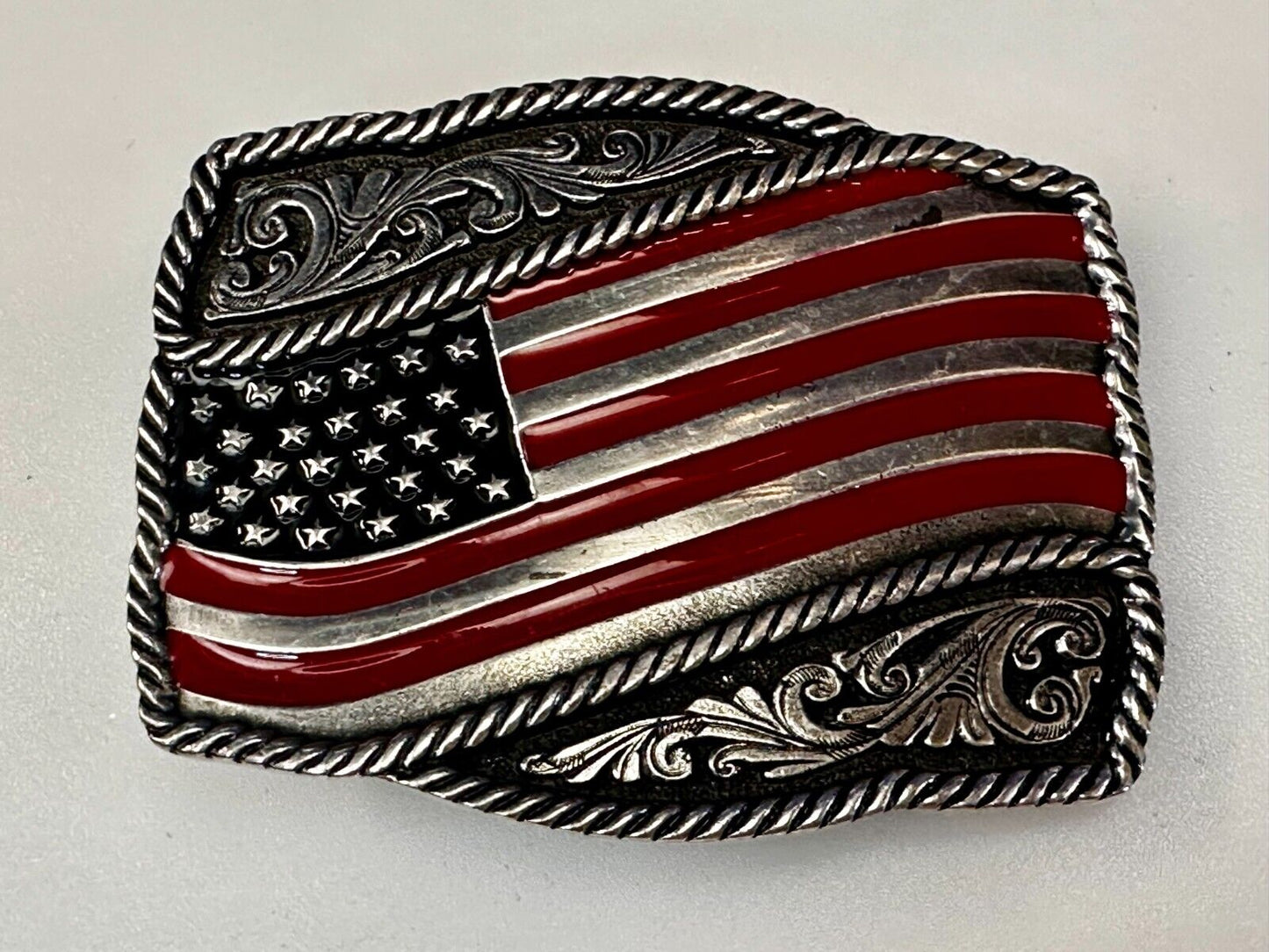 Patriotic American Flag USA Flower Swirl Western Belt Buckle Montana Silversmith