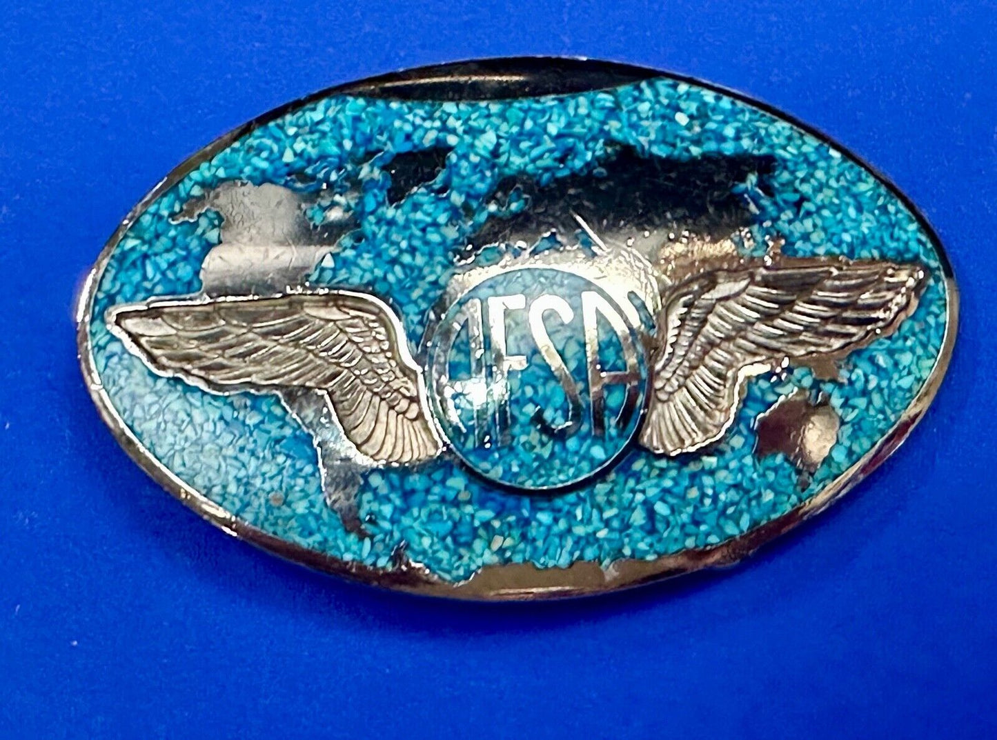 Air Force Sergeants Association AFSA Turquoise Chip inlaid oval belt buckle