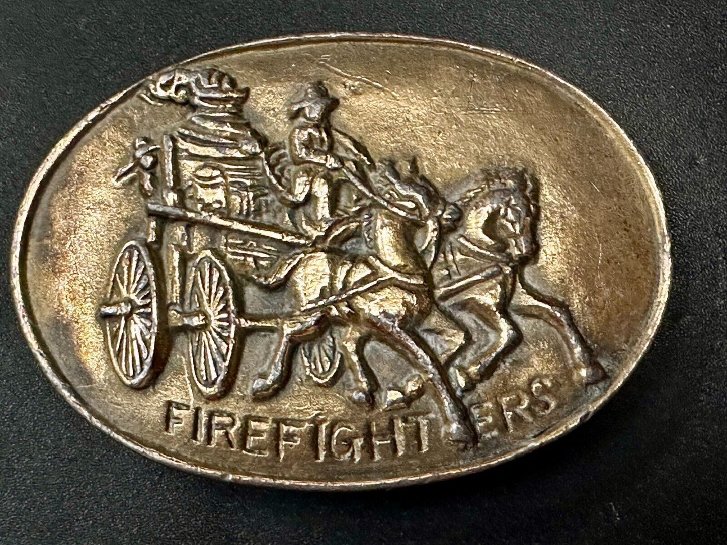 Antique Fire Fighters Fireman Horse Drawn Pumper Wagon Vintage Belt Buckle