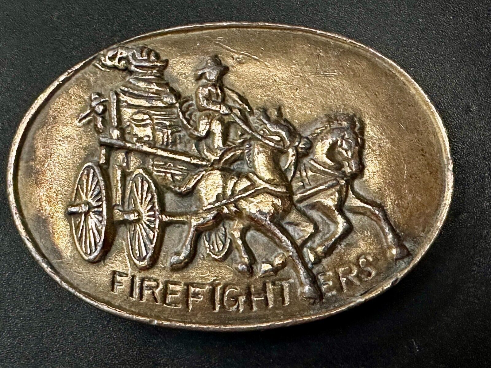 Antique Fire Fighters Fireman Horse Drawn Pumper Wagon Vintage Belt Buckle