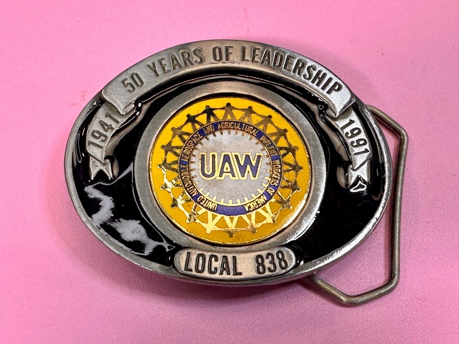 AUW United Auto Workers Local 838 50 Years of Leadership 1941-1991 Belt Buckle